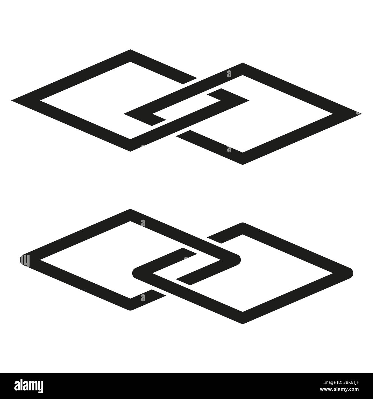 Interlocking square shapes. Geometric link pattern. Abstract bond symbol. Modern vector graphic. Stock Vector