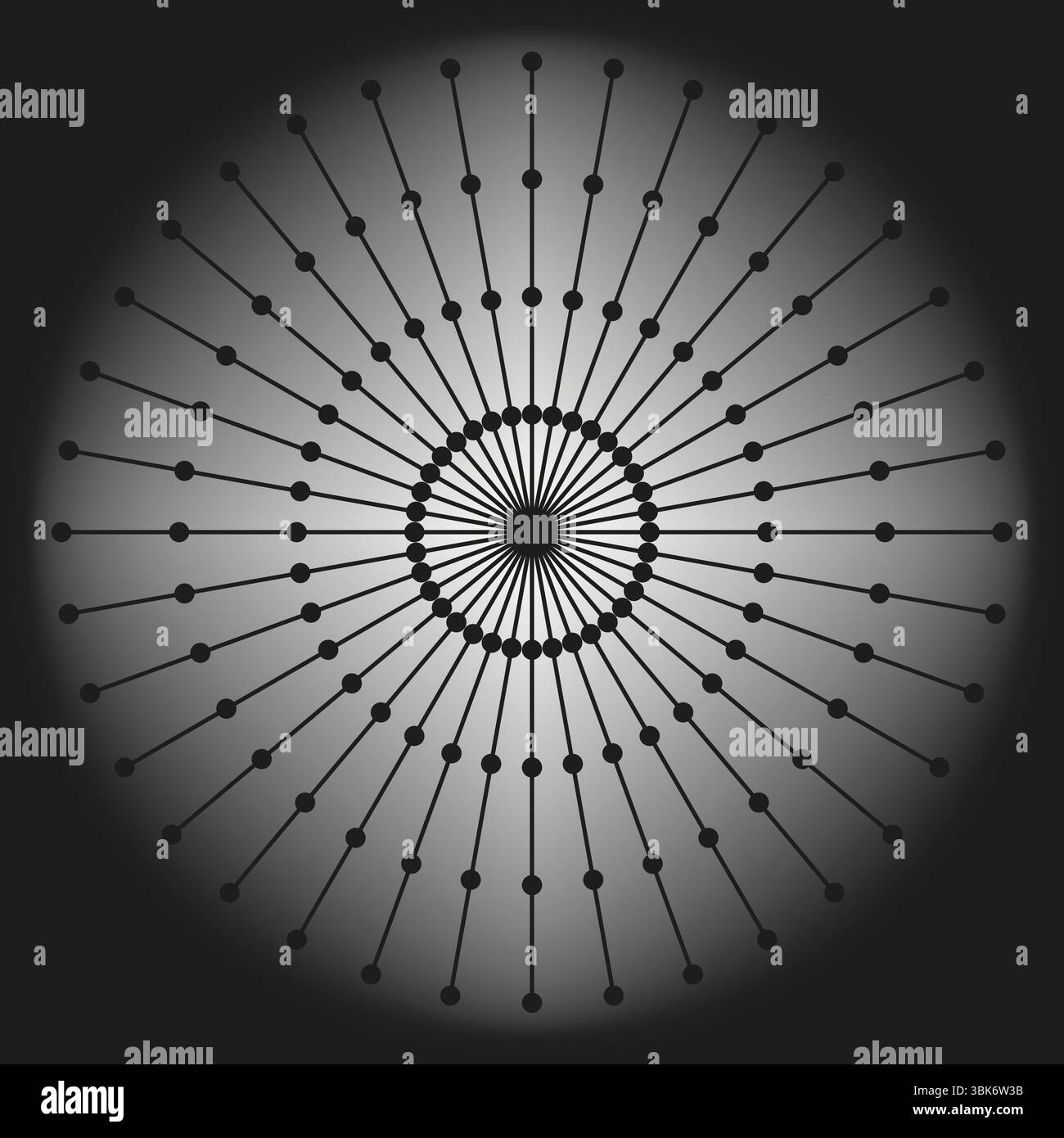 Dark radial shape. Vector orbit design. Geometric circle layout. Gradient black background. Stock Vector