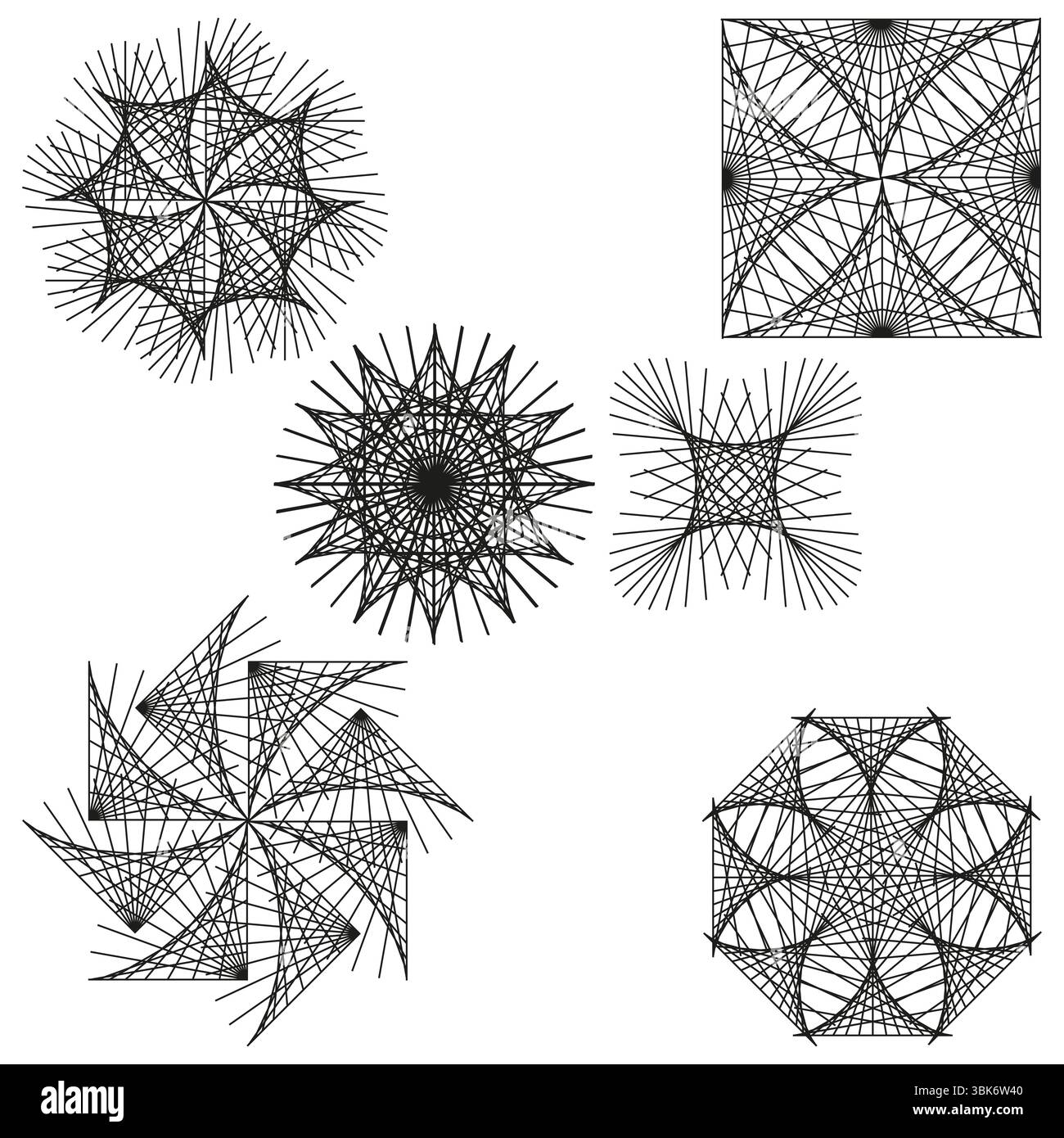Spirograph shapes set. Radial abstract elements. Geometric pattern pack. Vector decorative forms. Stock Vector