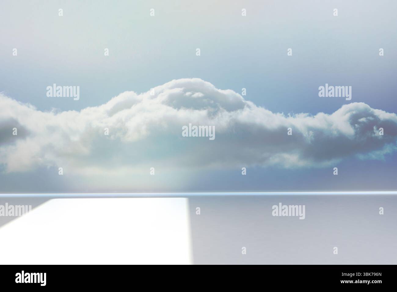 Large white cumulus cloud is hovering over reflective plane in flat design with sharp light band Stock Photo