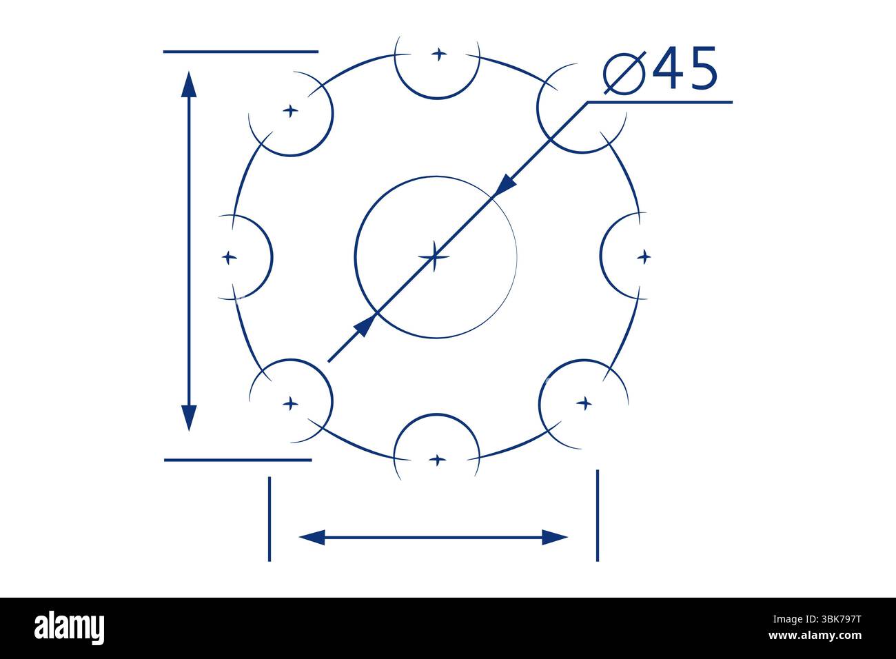 showing schematic with central circle, nine outer circles and dimension arrows on white background Stock Photo