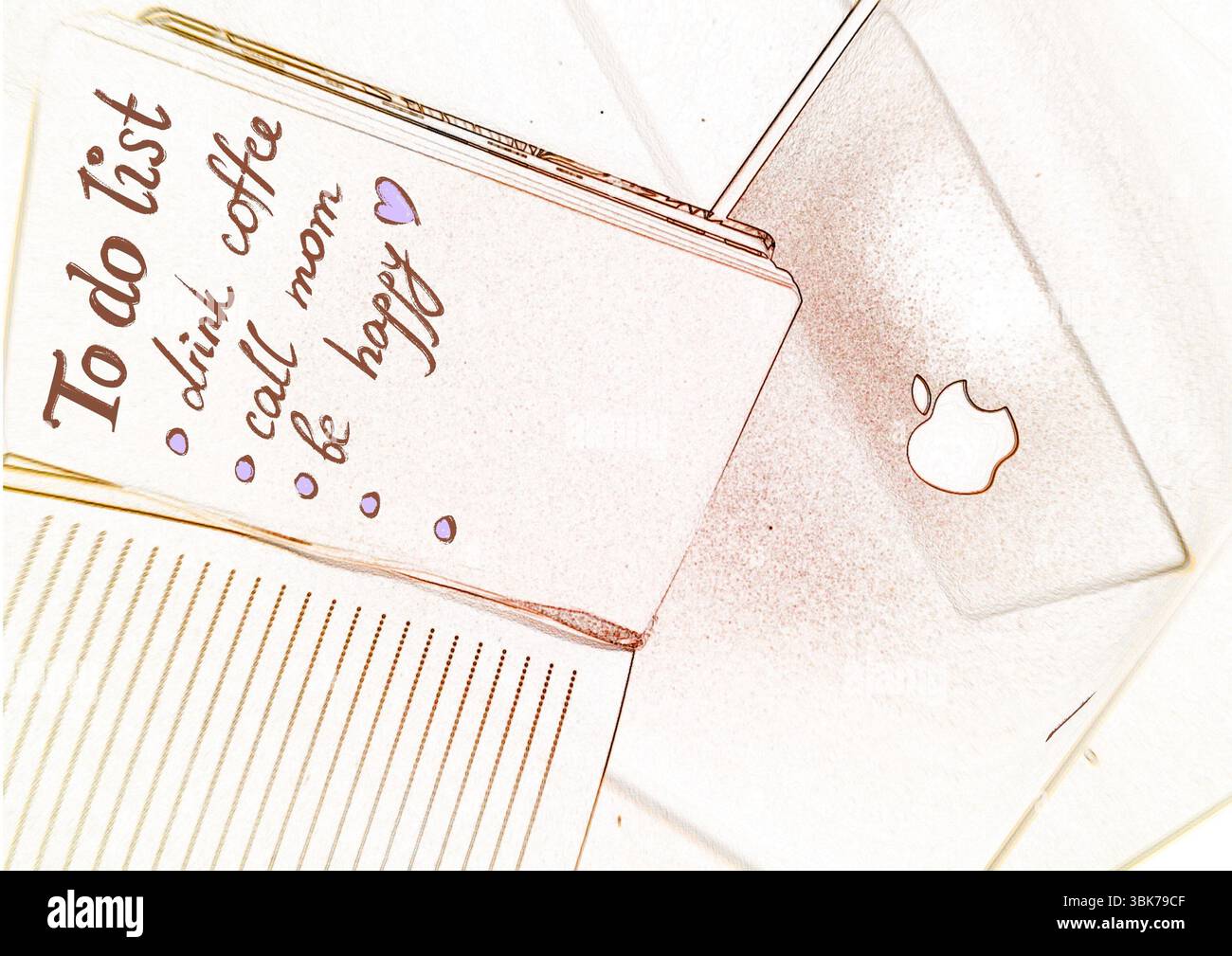A to do list with inspirational plans for a day - to drink coffee, to call mom and to be happy. The diary lies on the desk next to the laptop. Stock Photo