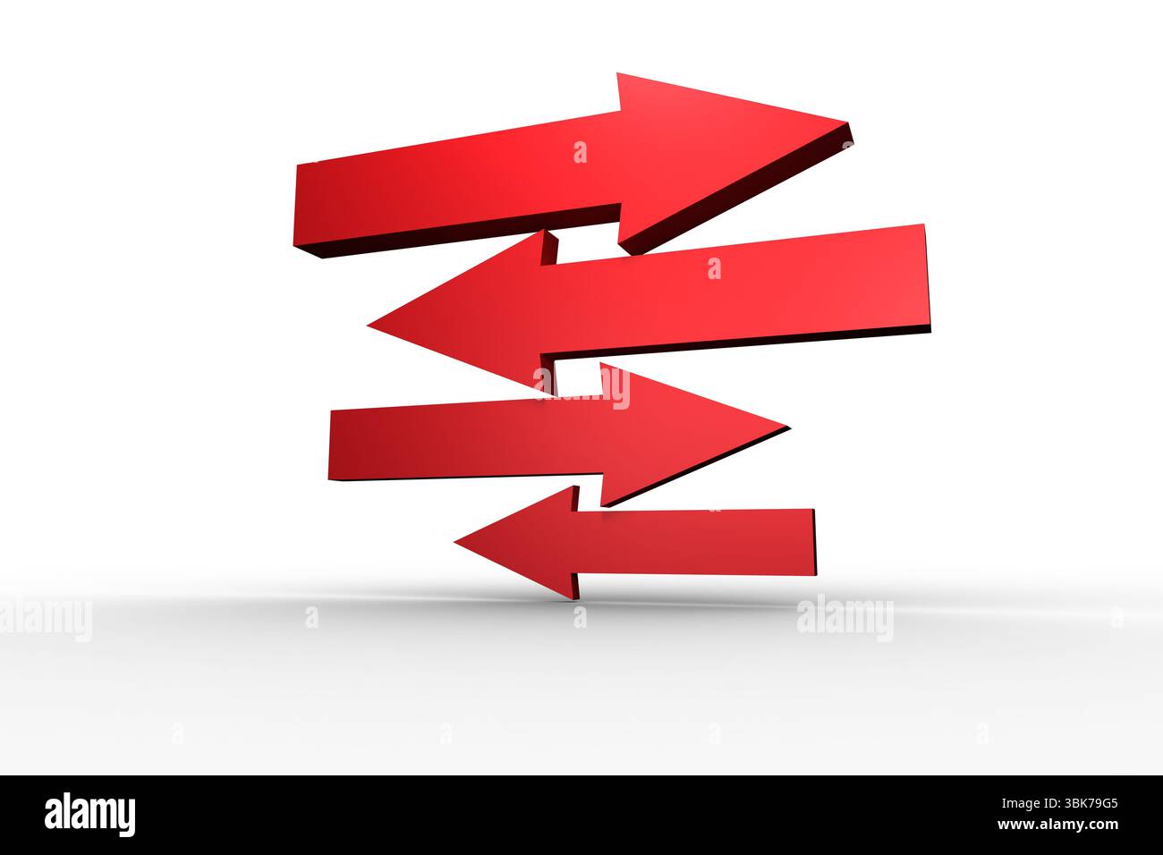 Five red 3D arrows are forming dynamic zigzag pattern on seamless white background, copy space Stock Photo