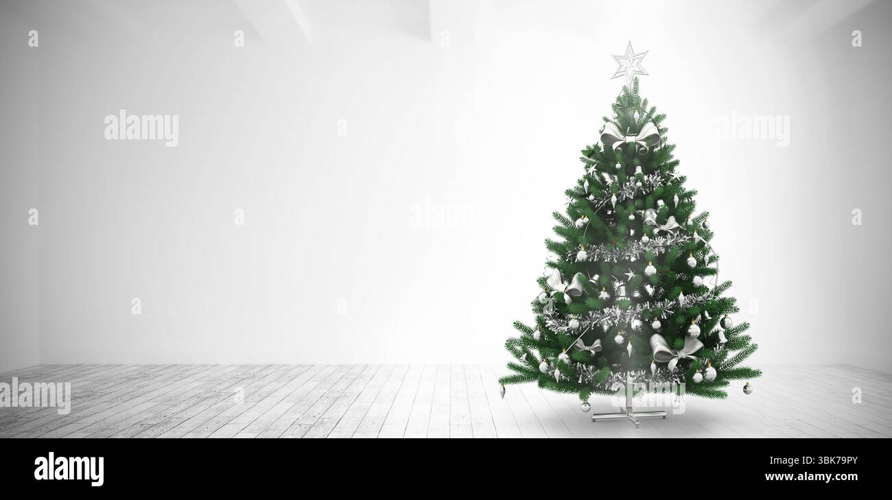 Decorated fir tree is standing in minimal flat design room with silver tinsel, glowing star topper Stock Photo