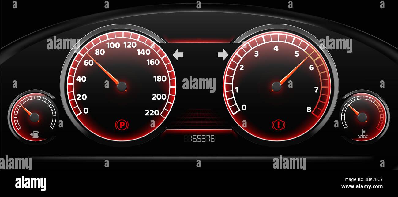Modern car dashboard with illuminated speedometer gauges - black ...