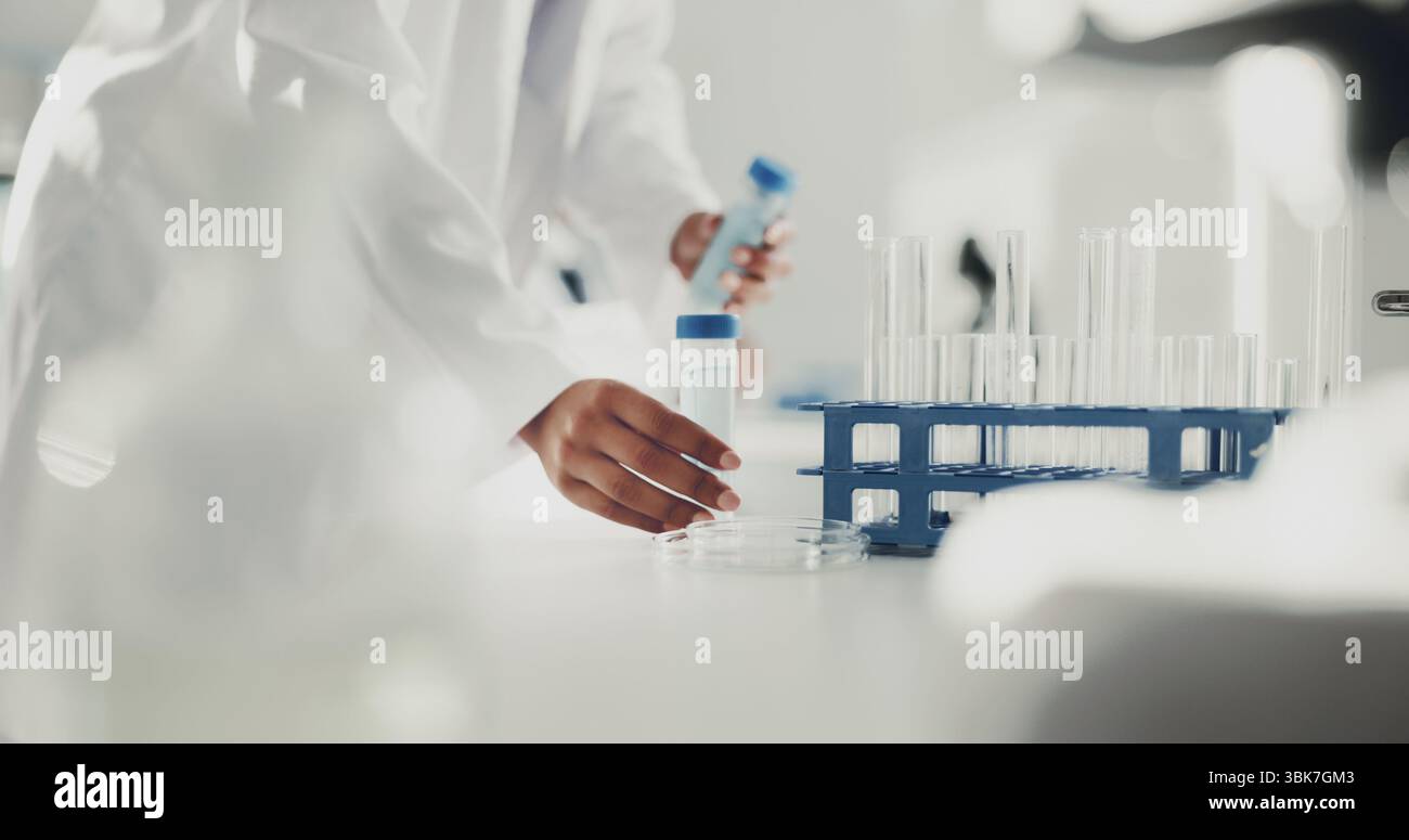 Hand Doing Lab Lab, scientist and hands with sample for experiment, pharmaceutical and ...