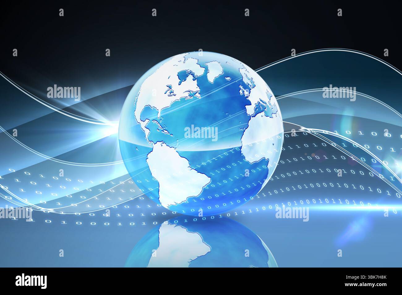 Stylized digital Earth globe floating on mirror floor, showing flowing light waves and binary code Stock Photo