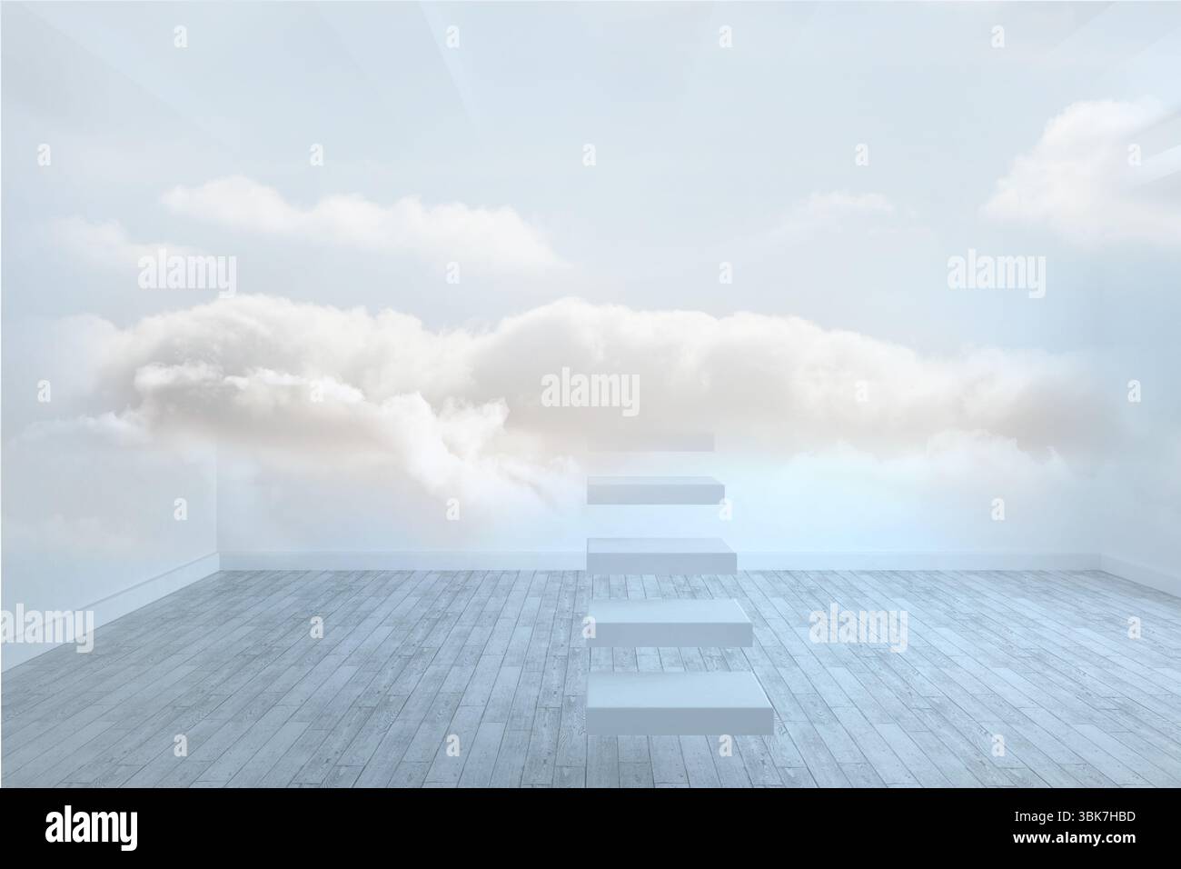 Floating white rectangular steps are ascending toward realistic cloud mural above gray floorboards Stock Photo