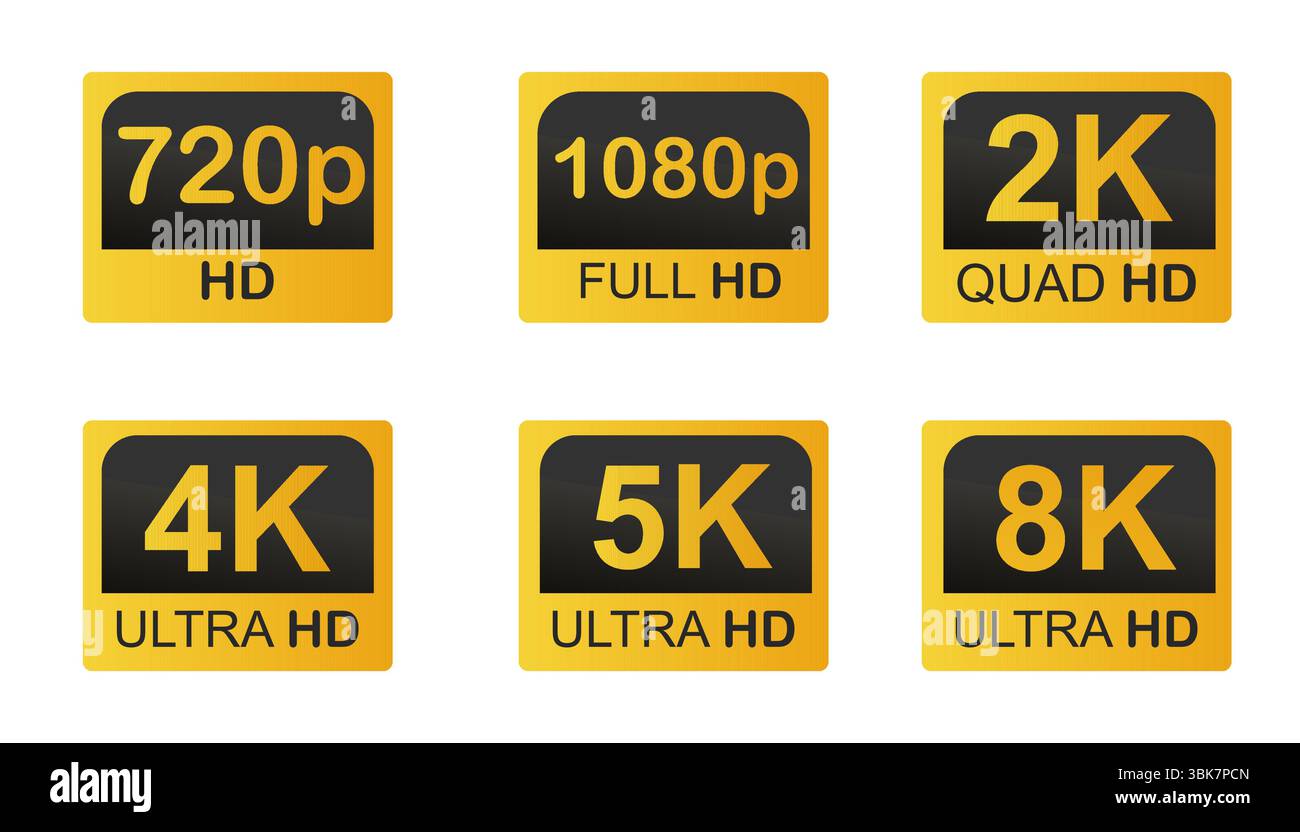 Video resolutions full ultra quad HD, video quality badge icon. Video resolution set. Vector illustration Stock Vector