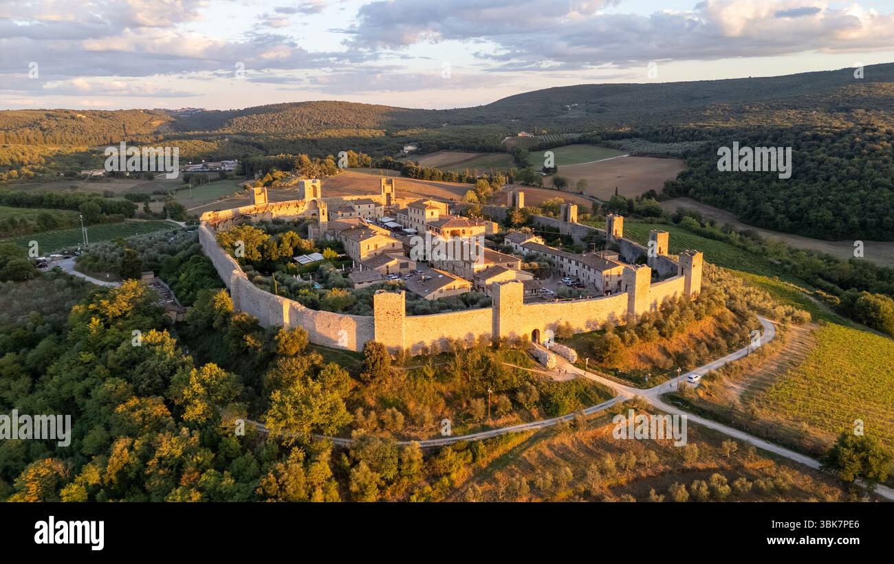Aerial View Of A Medieval Walled Village Of Monteriggioni In Tuscany 