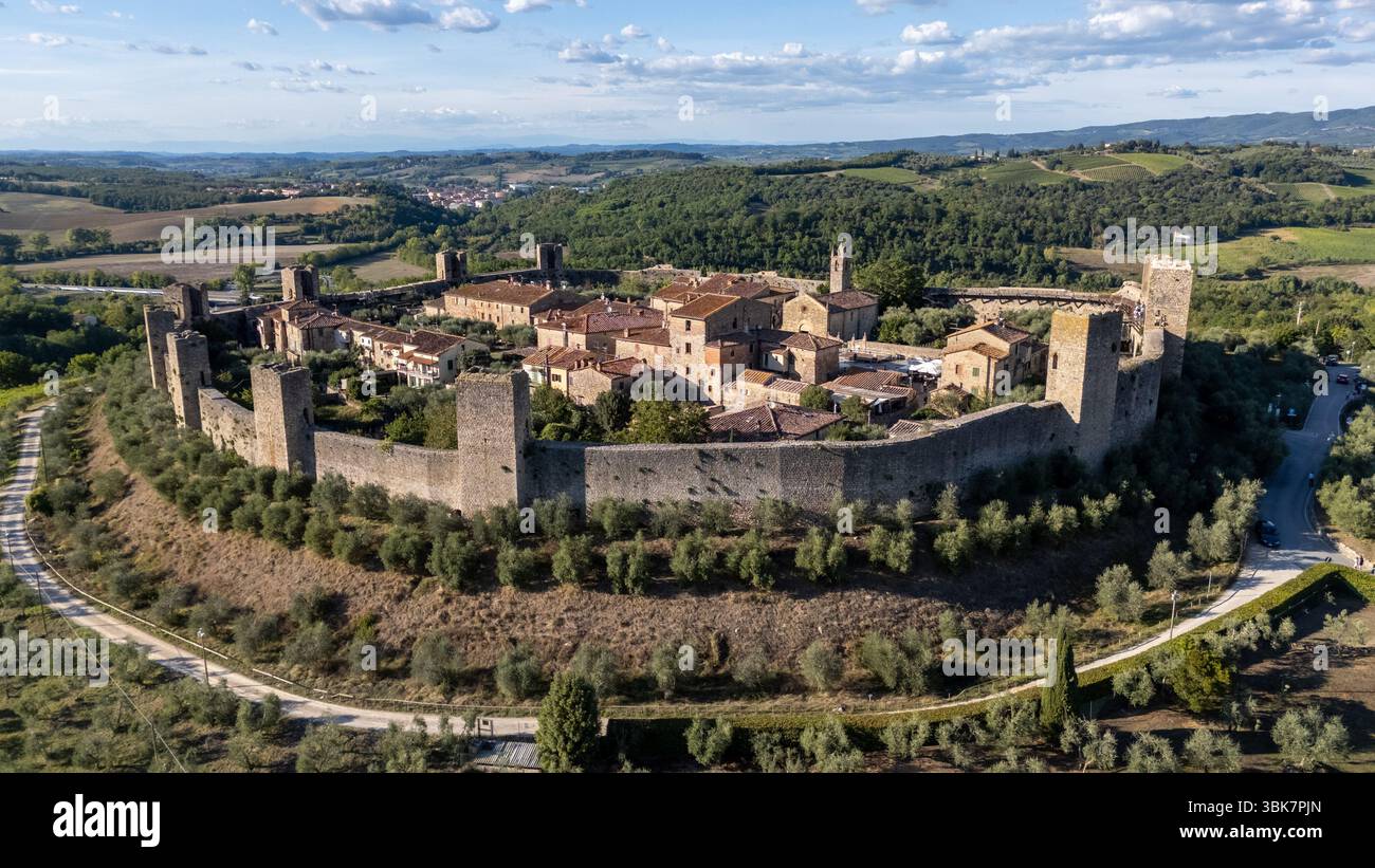 Aerial View Of A Medieval Walled Village Of Monteriggioni In Tuscany 