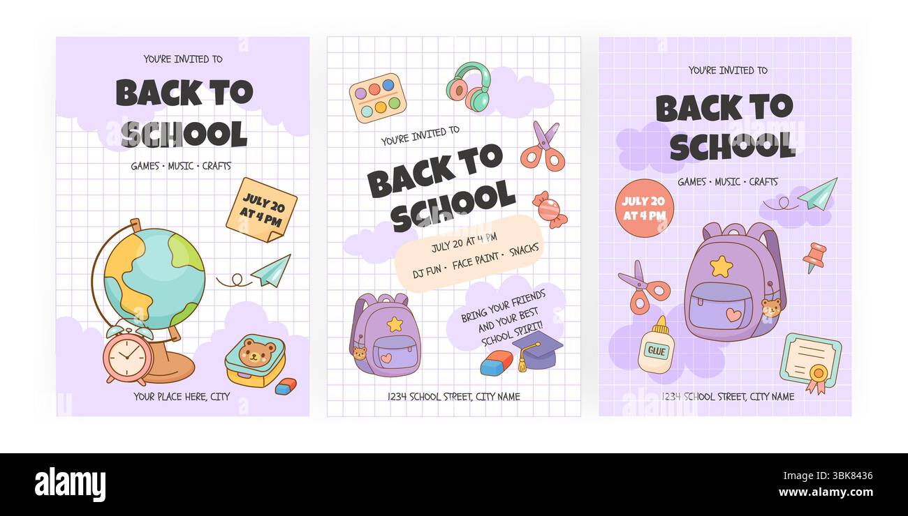 Set of vector posters with school party invitations, supplies and decorations. Fun design for education or event promotion. Stock Vector