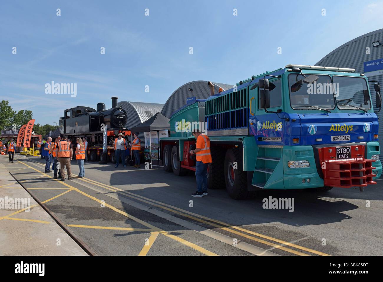 Allelys Heavy Haulage display at Rail Live event with ex LMS Jinty 47383 on a low loader with ALE Trojan 8870 truck, June 2025 Stock Photo