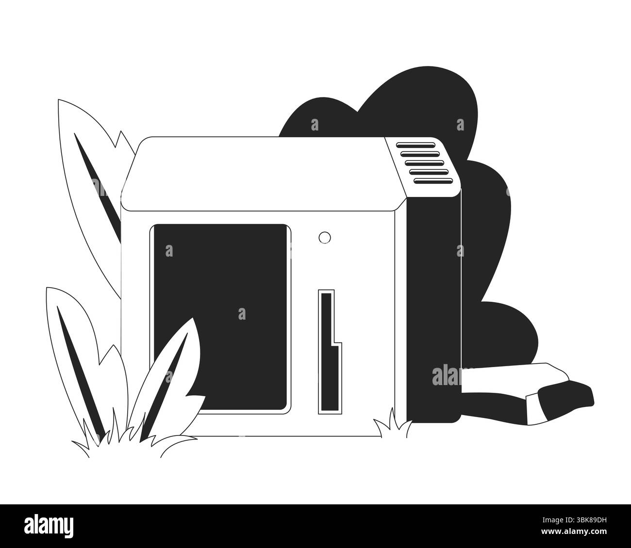 Overgrown vintage computer in nature 2D line object Stock Vector