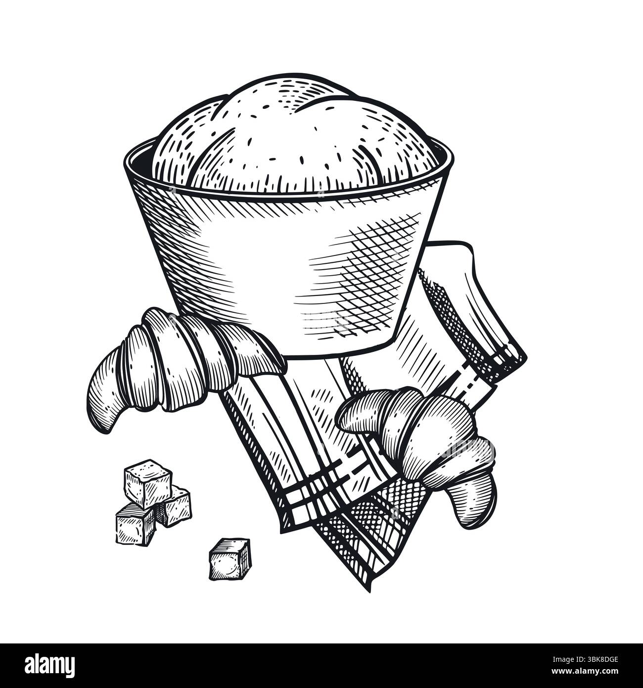 Baking, the process of making sweet pastries. Dough in a bowl, lump sugar, kitchen towel, ready-made croissants. The illustration is suitable for the Stock Vector