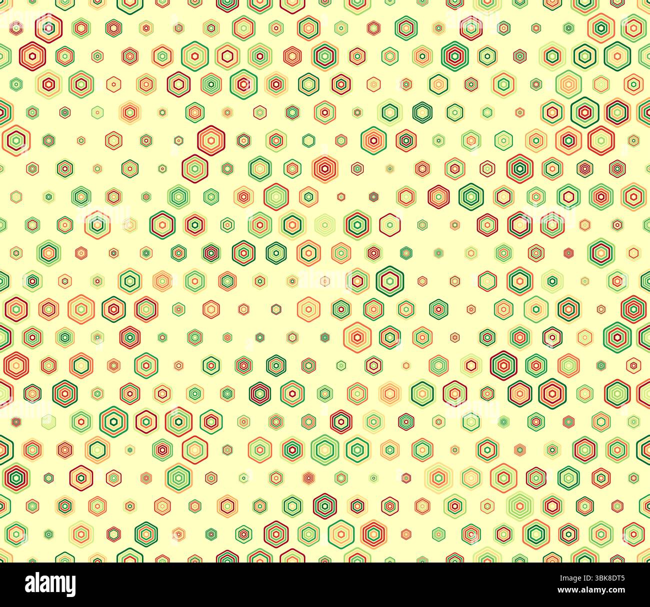 Vector seamless pattern. Multicolored geometric elements of varied sizes. Bold rounded stacked hexagons mosaic pattern. Hexagon geometric shapes. Stock Vector
