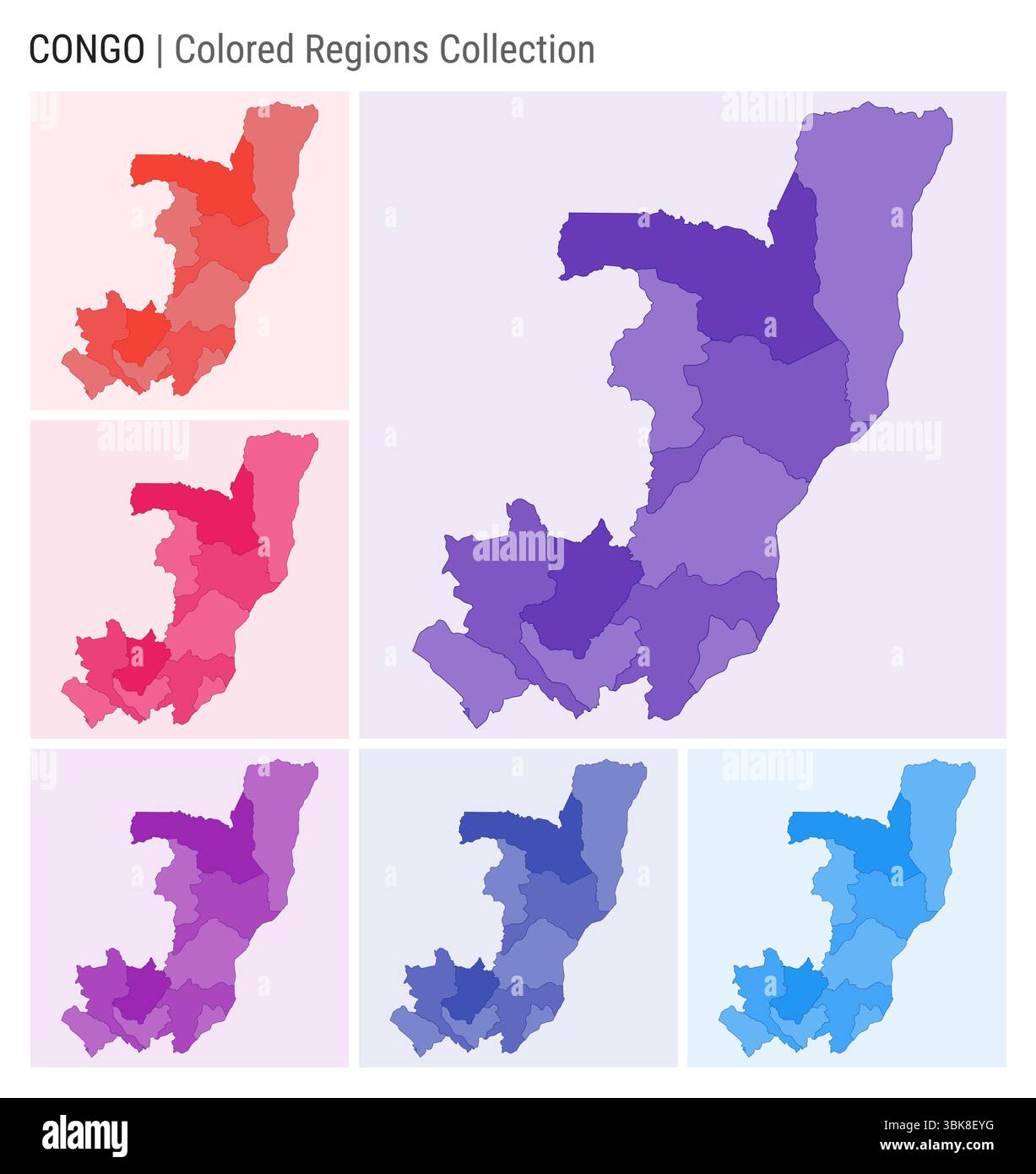 Congo map collection. Country shape with colored regions. Deep purple ...