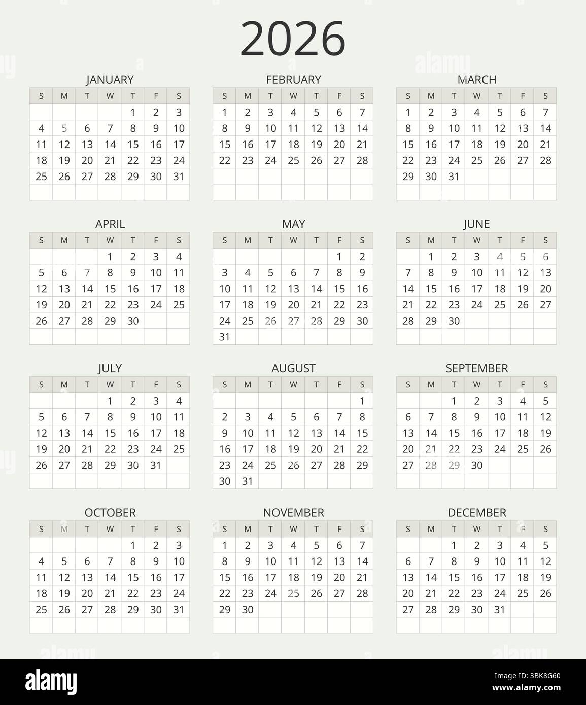 Year 2026 english modern vector calendar with 12 months (week starts ...