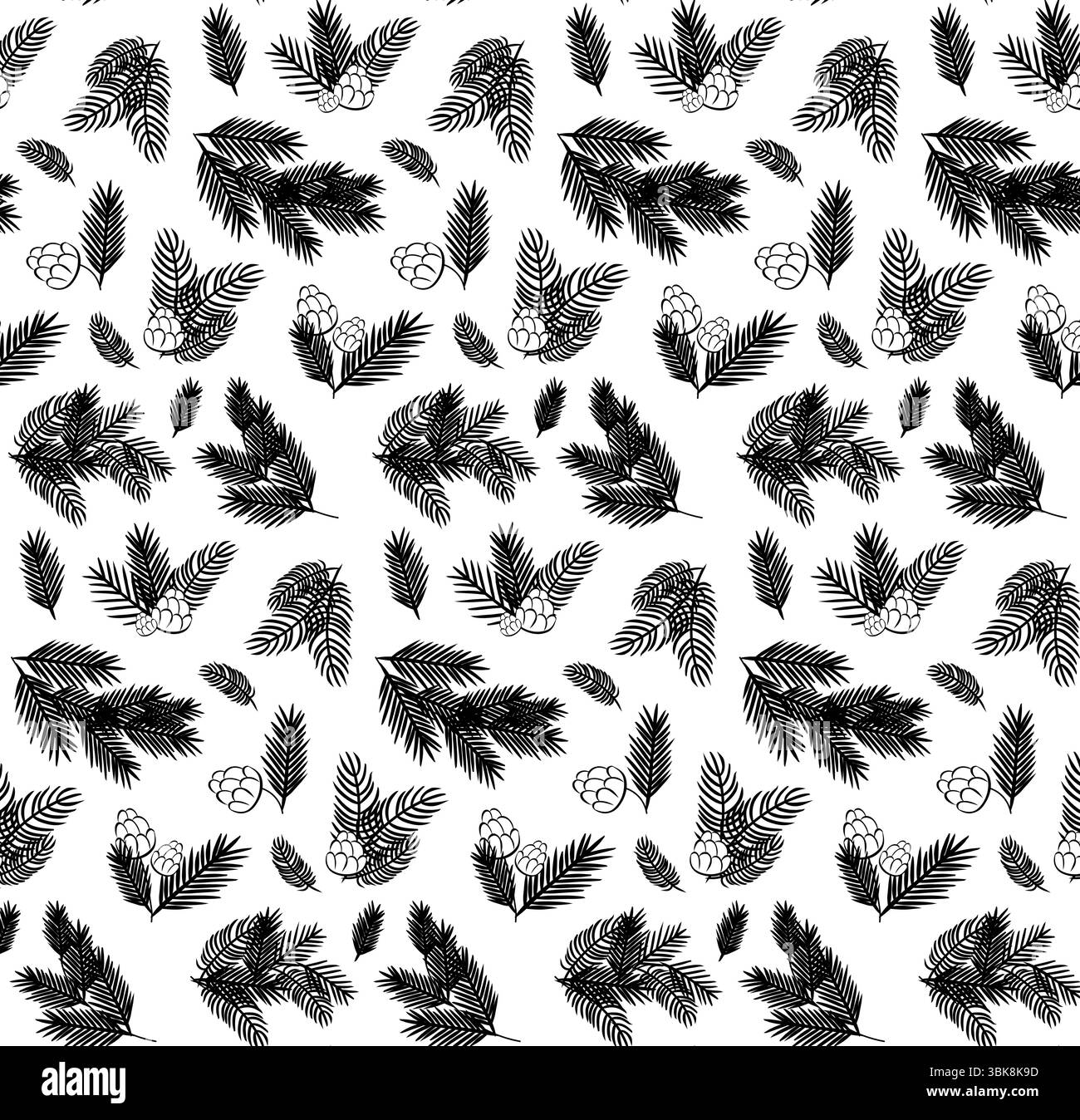 Pine branches and cones Seamless pattern. Vector graphic line ink illustration. Winter holiday background for banners, print for fabric, labels, t-shi Stock Vector
