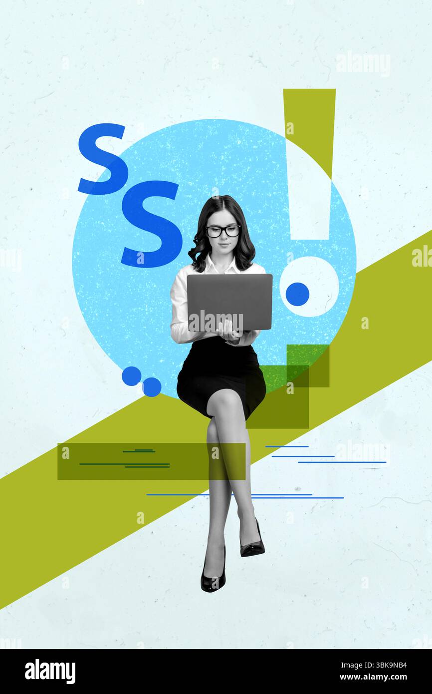 Poster trend collage of worker person sit use gadget on blue background with letter s circle shape element Stock Photo