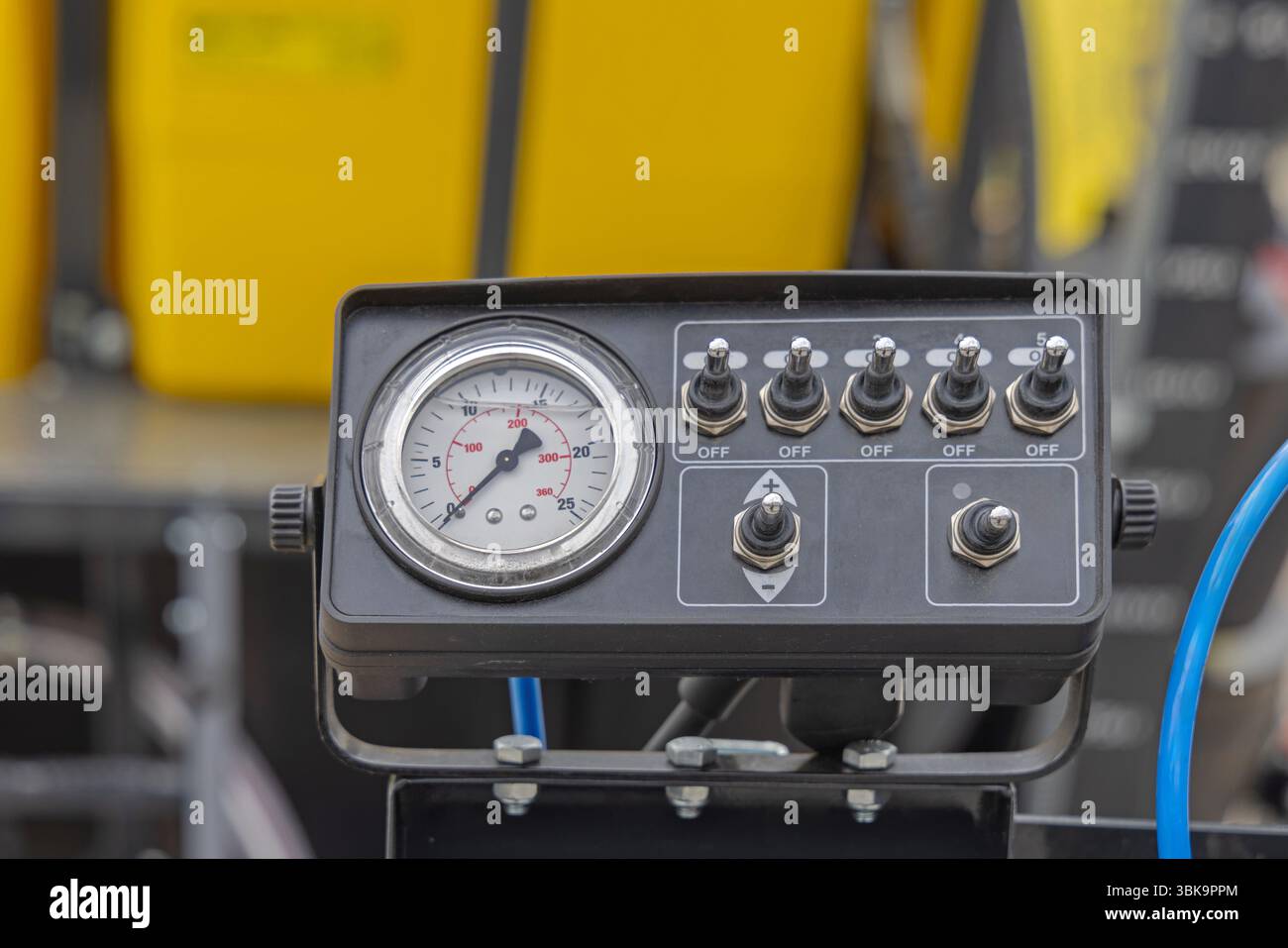 Pressure Gauge On Off Switch Board Control Panel at Agricultural Sprayer Machine Stock Photo