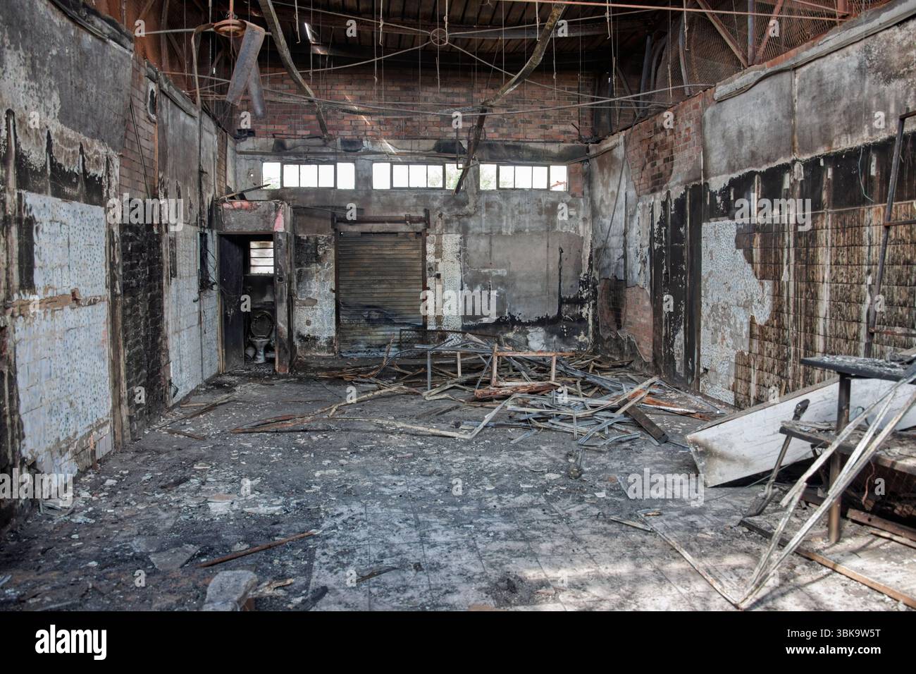 interior burned down warehouse industrial building, insurance claim ...
