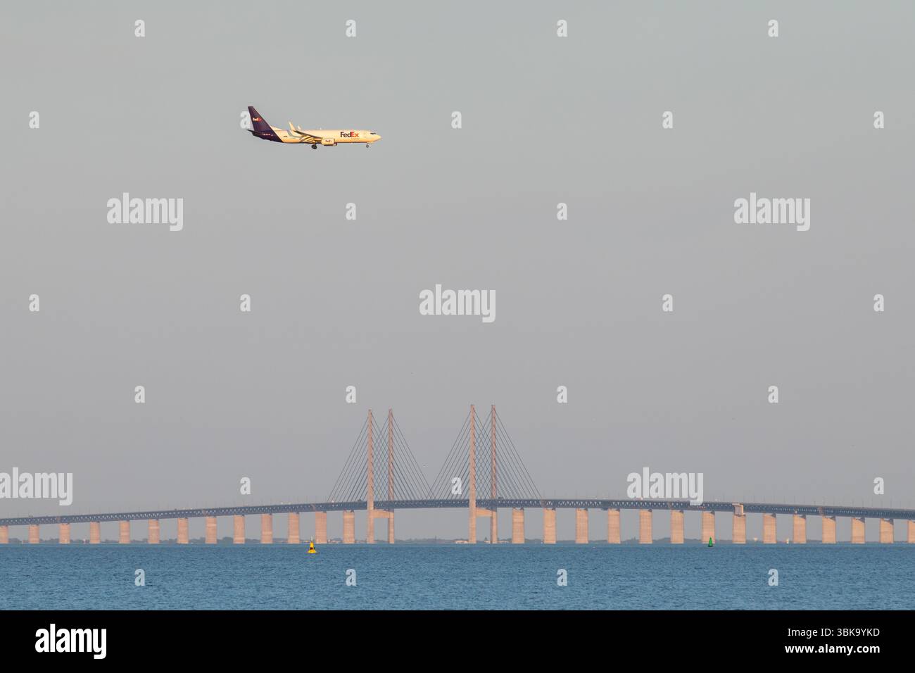 FedEx Cargo Plane Flying Over Øresund Bridge, Denmark–Sweden Border ...