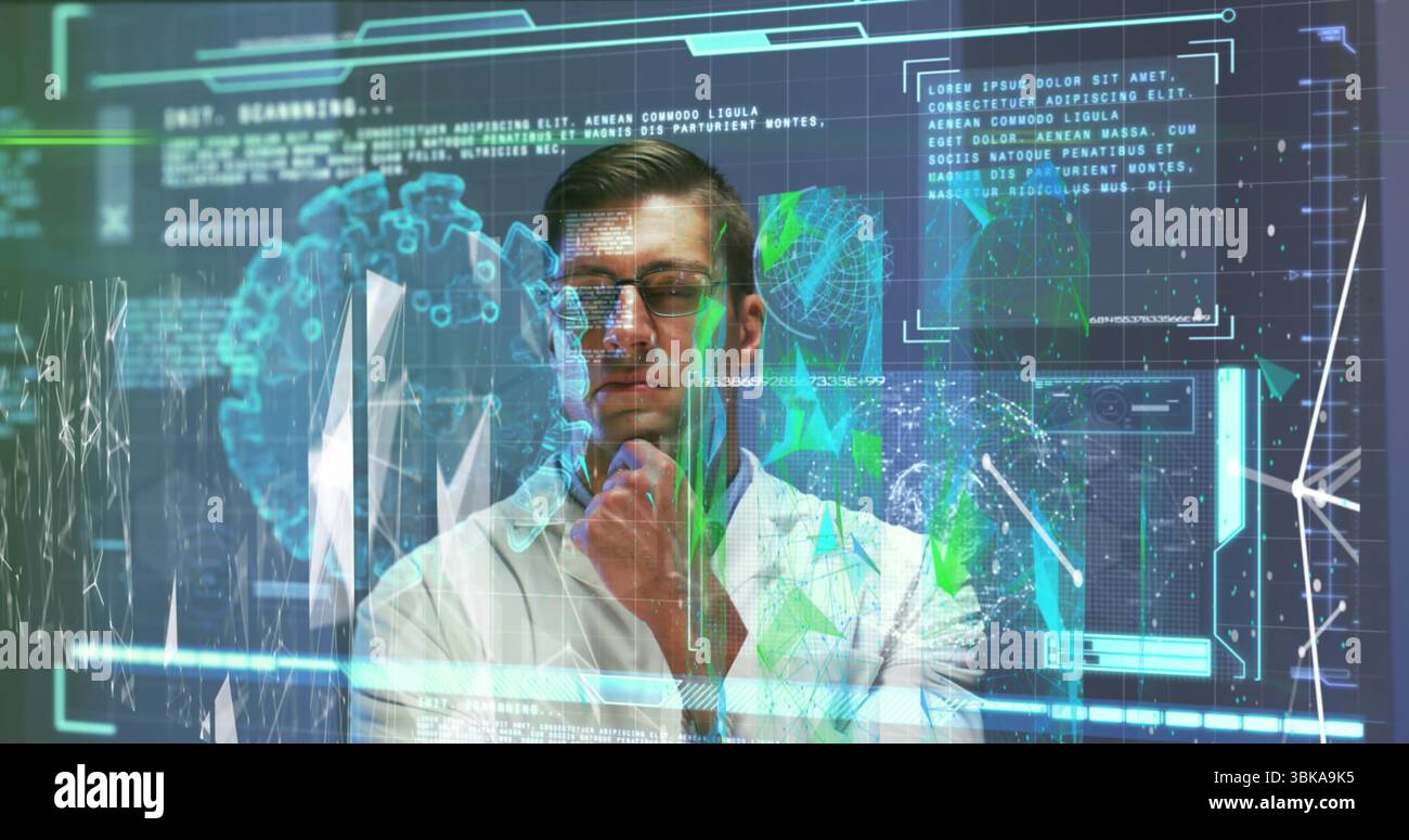 Analyzing data scientist in lab coat standing before panels in lab ...