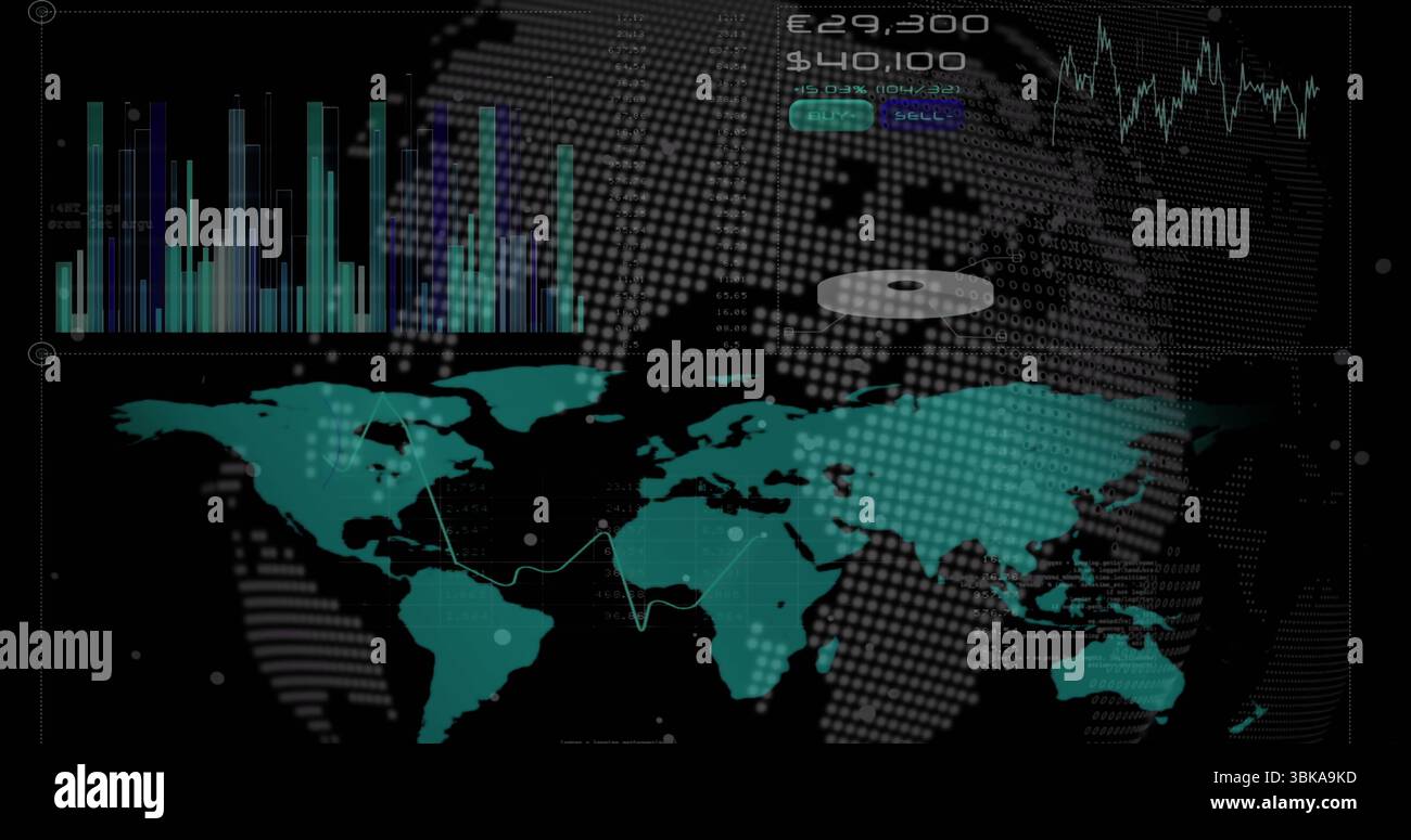 Dashboard displaying teal world map on dark interface, with bar chart, ring chart, buy sell buttons. Financial, analytics, technology, data visualizat Stock Photo