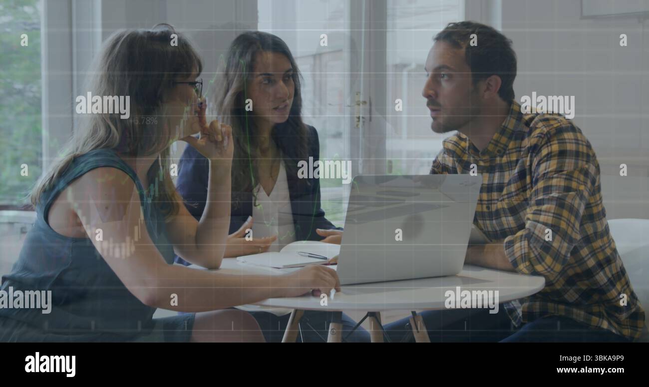 Three Professionals Collaborating Discussing financial data, three professionals sitting at round white ...