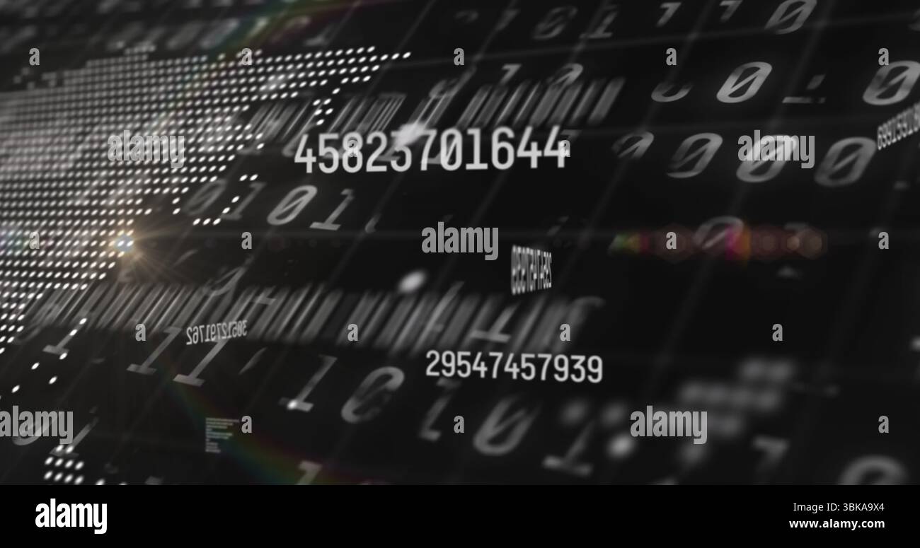 Floating numeric string drifting in data space with binary digits barcode bars and dot matrix globe. Digital, technology, futuristic, abstract, data, Stock Photo