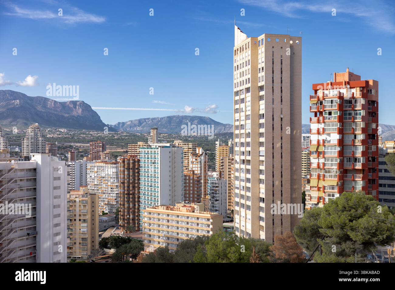 Modern apartment buildings towering in Benidorm city closeup Stock Photo