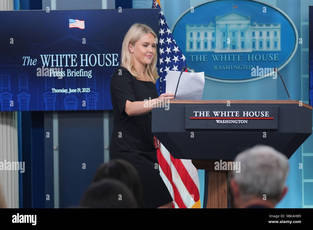 White House press secretary Karoline Leavitt arrives to speak during a