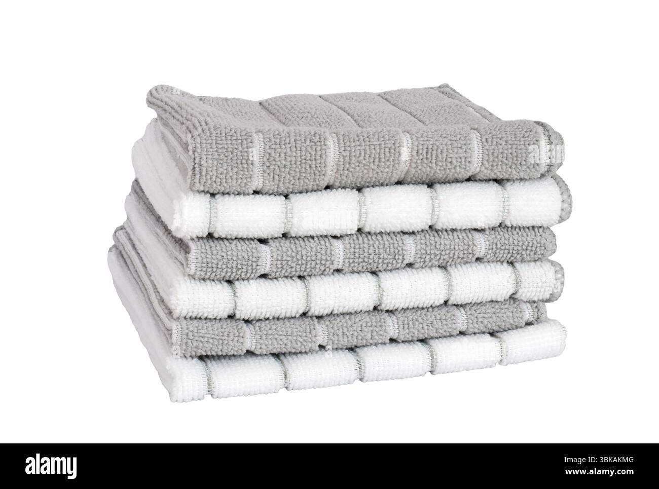 Stack of grey and white microfiber dishcloth isolated cutout on white Stock Photo