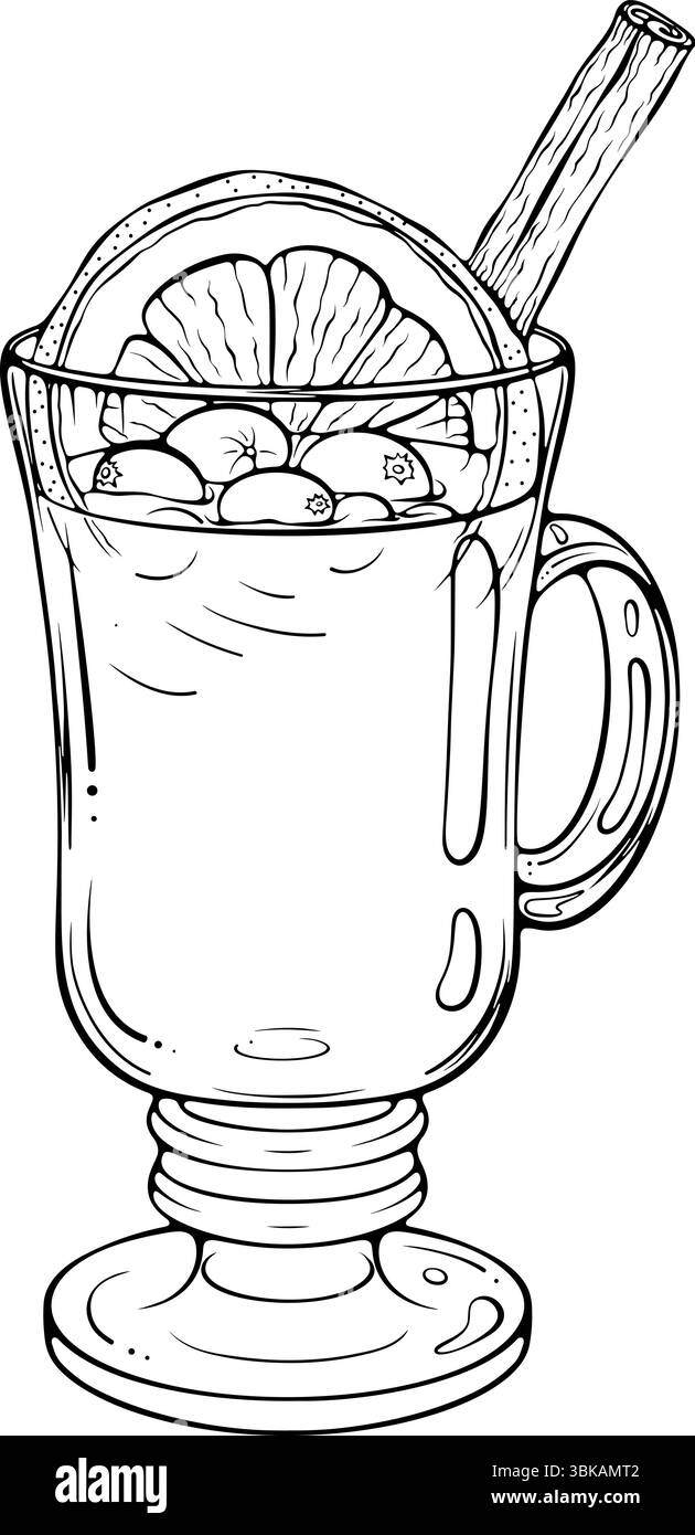 Mulled wine with cranberries and orange line art Stock Vector