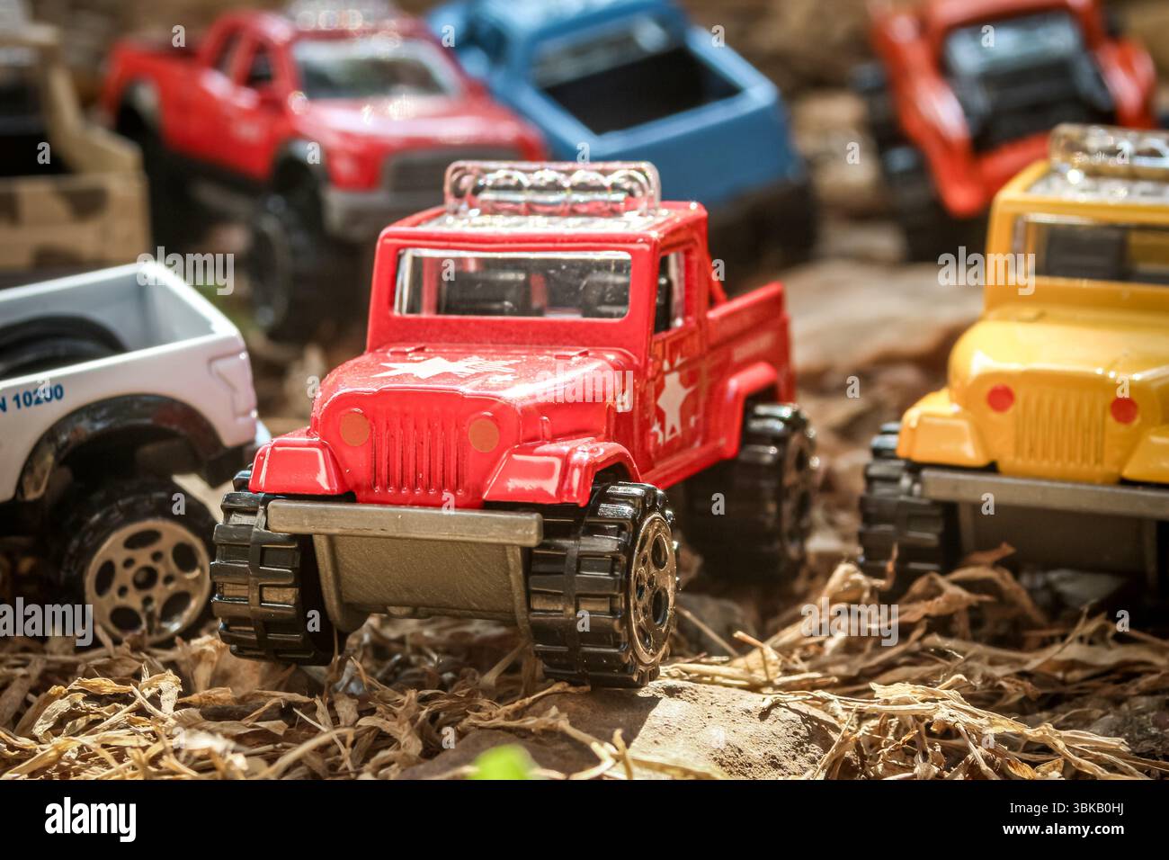 Miniature pickup trucks in multiple colors parked on dry grass creating ...