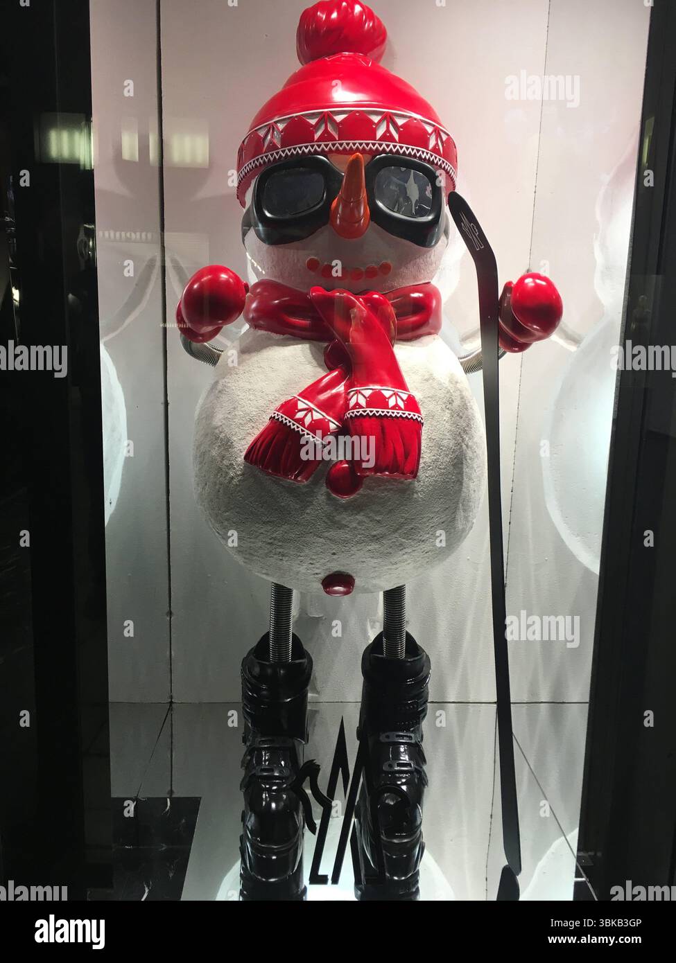 Hamburg storefront displays premium skiing apparel—jackets, pants, goggles—artfully arranged with alpine visuals and subtle lighting, inviting winter Stock Photo