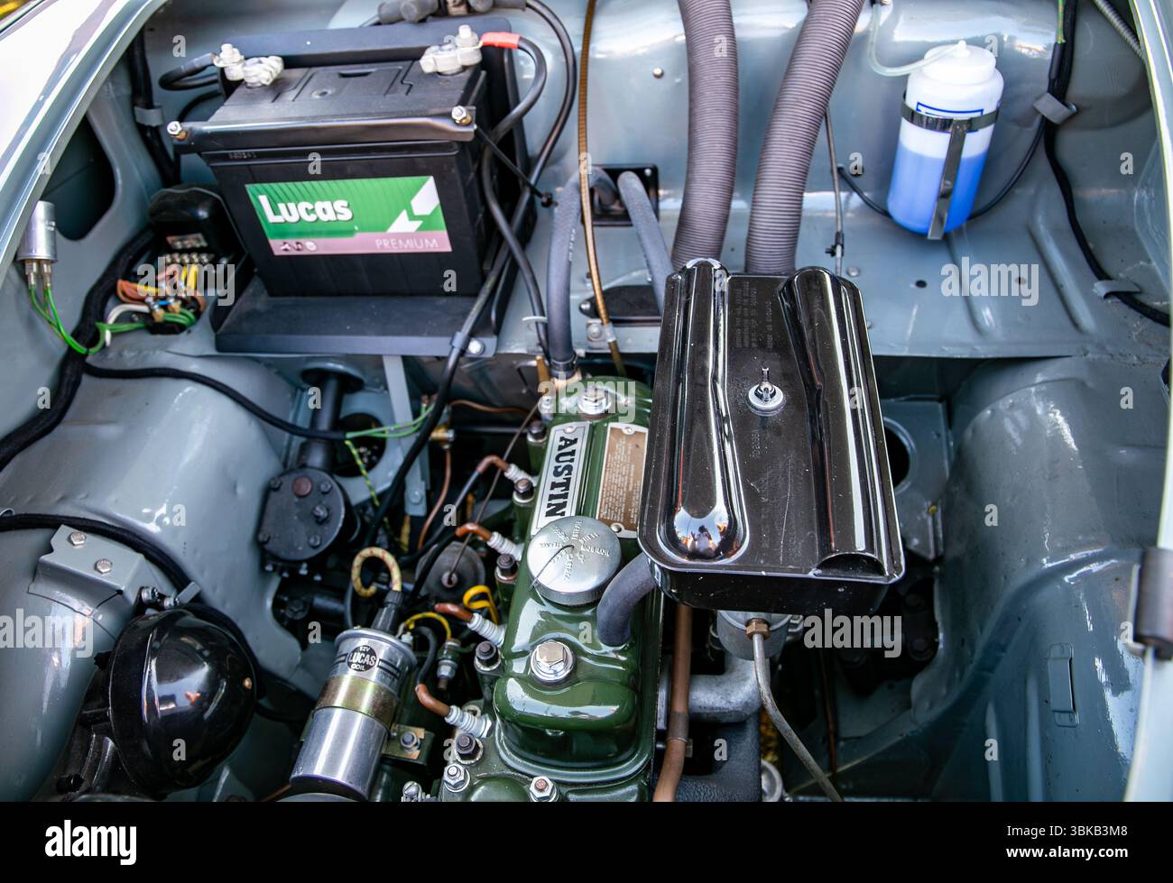 Close-up view of a vintage car engine bay featuring an Austin A series ...