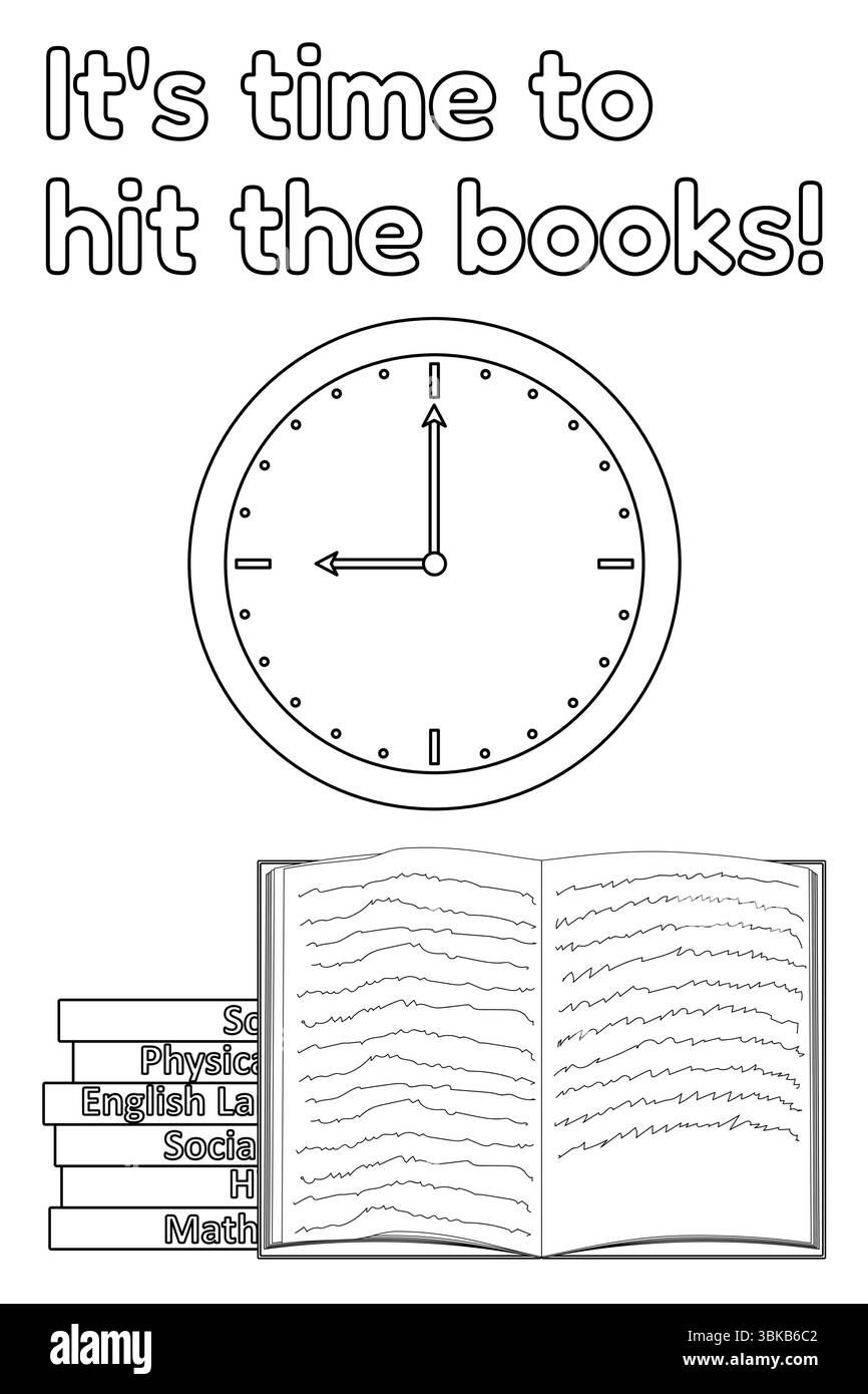 Coloring page with drawing of back to school motivation poster with books, wall clock and quote It is time to hit the books. For entertaining kids act Stock Vector