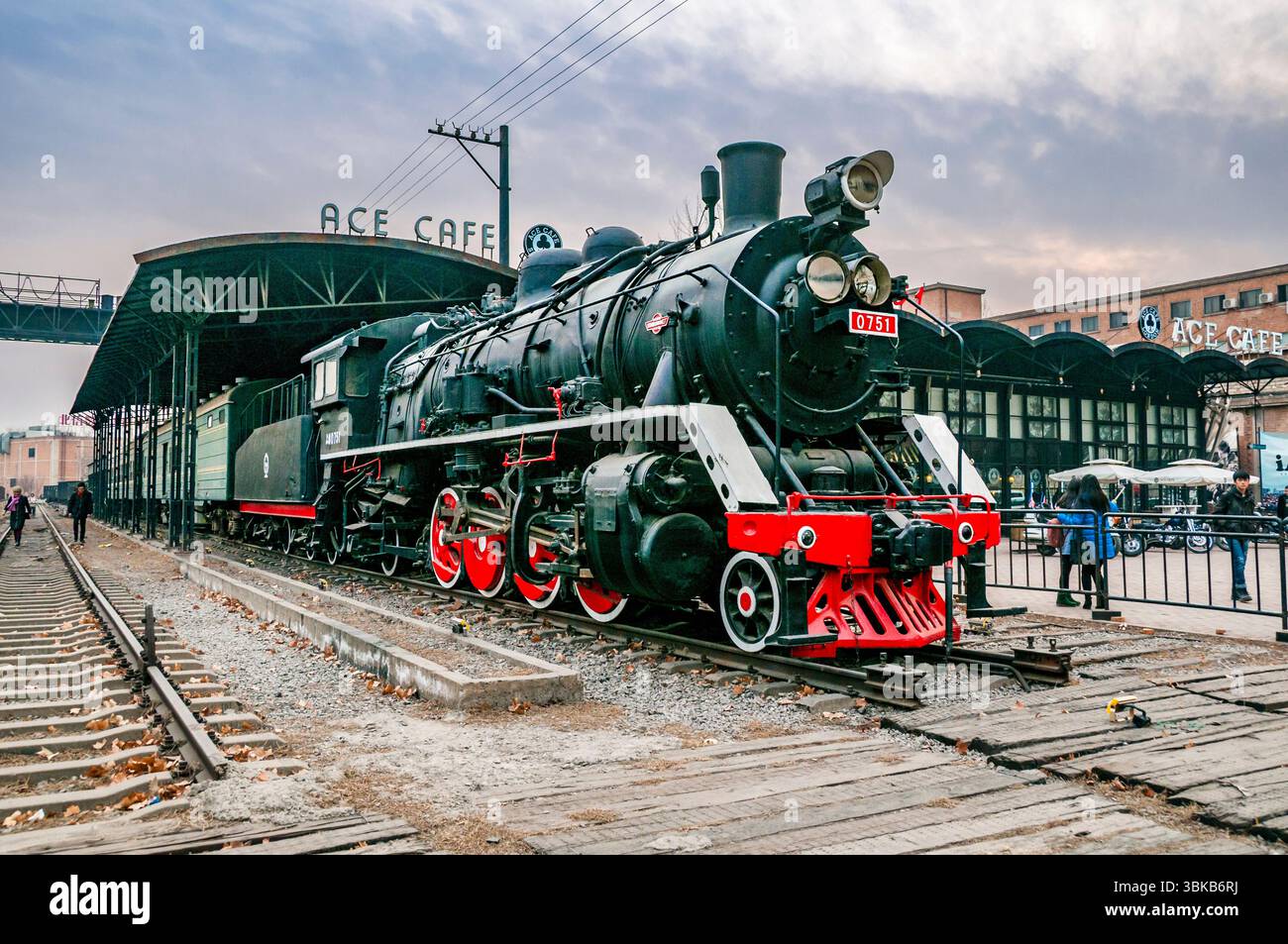 0751 steam locomotive outside ACE Cafe, Beijing China seen in winter Stock Photo