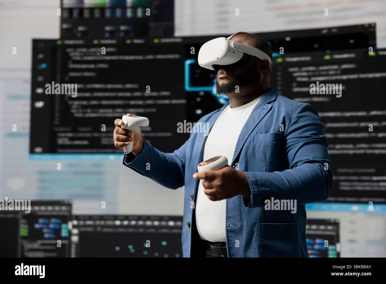 Black IT specialist engineer using VR headset and coding at innovation hub, showcasing the intersection of data science and cloud computing. Coding life with modern AI tools. Stock Photo