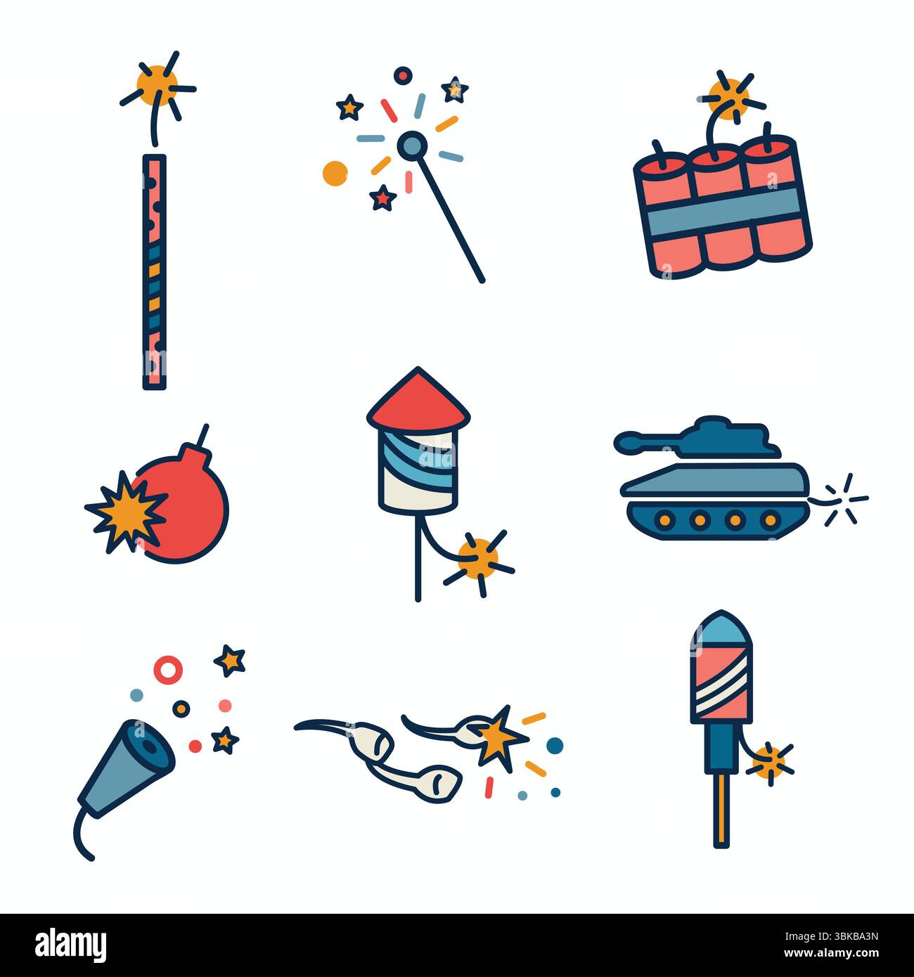 Fireworks with Independence Day Icon Set Stock Vector