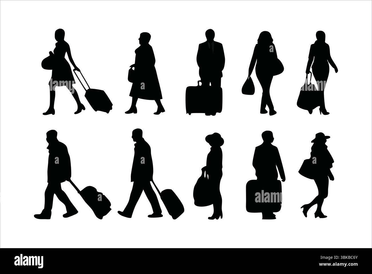 Travelers with Luggage Silhouettes - Airport Passengers Vector Set Stock Vector