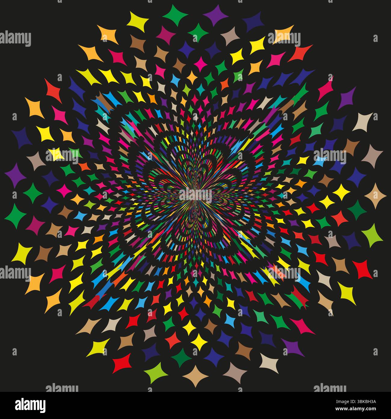 Colorful dots explosion. Black background pattern. Vector particle design. Bright scattered points. Stock Vector