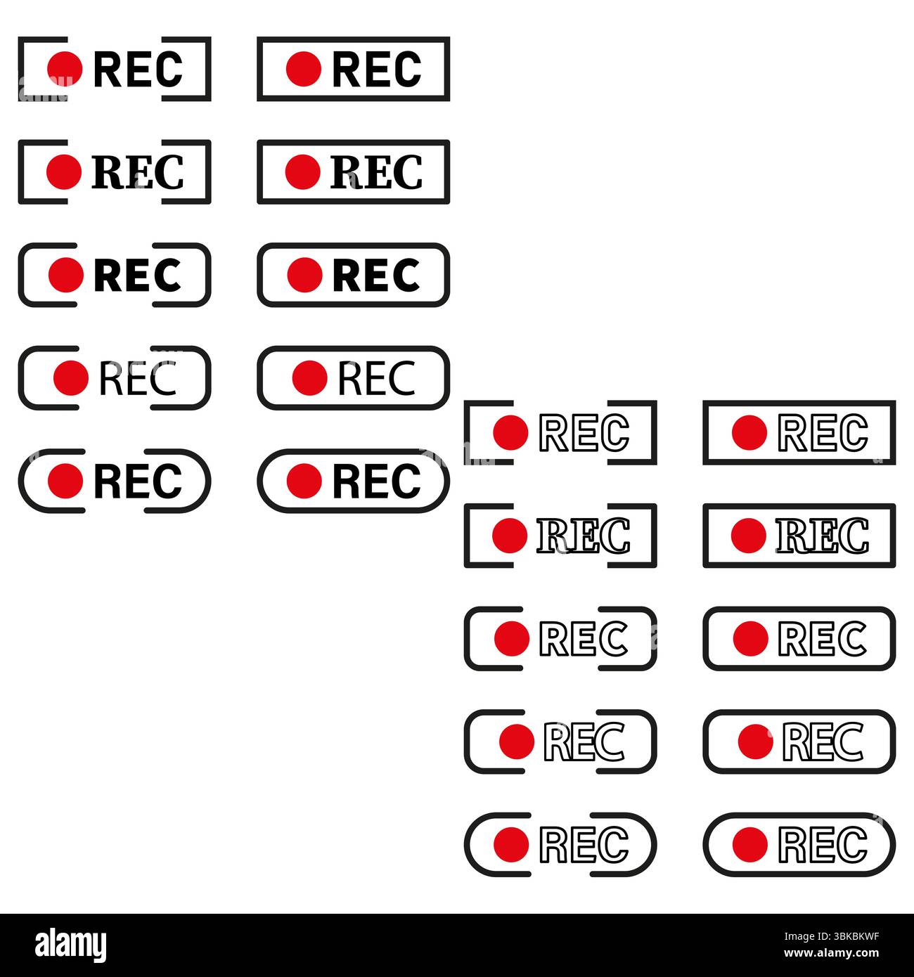 REC label set. Red record buttons. Video control icons. Vector media elements Stock Vector