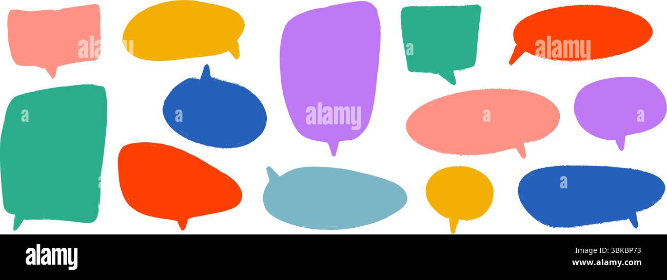 Colored hand drawn speech bubble collection. Doodled dialog box set. Scribbled textured marker comic talk frames. Red, yellow, green balloon text box bundle. Bright sketched chat boxes pack. Vector  Stock Vector