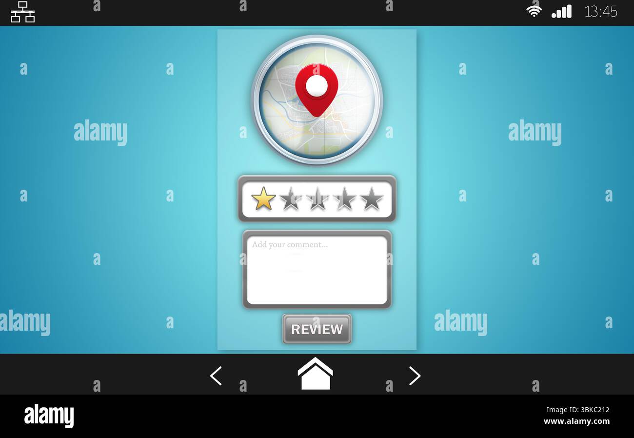 Flat design review UI is displaying on teal gradient background, with map pin, stars, review button Stock Photo