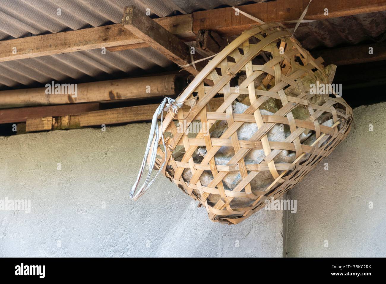 Basket hanging from a rafter with a white object inside. The basket is ...