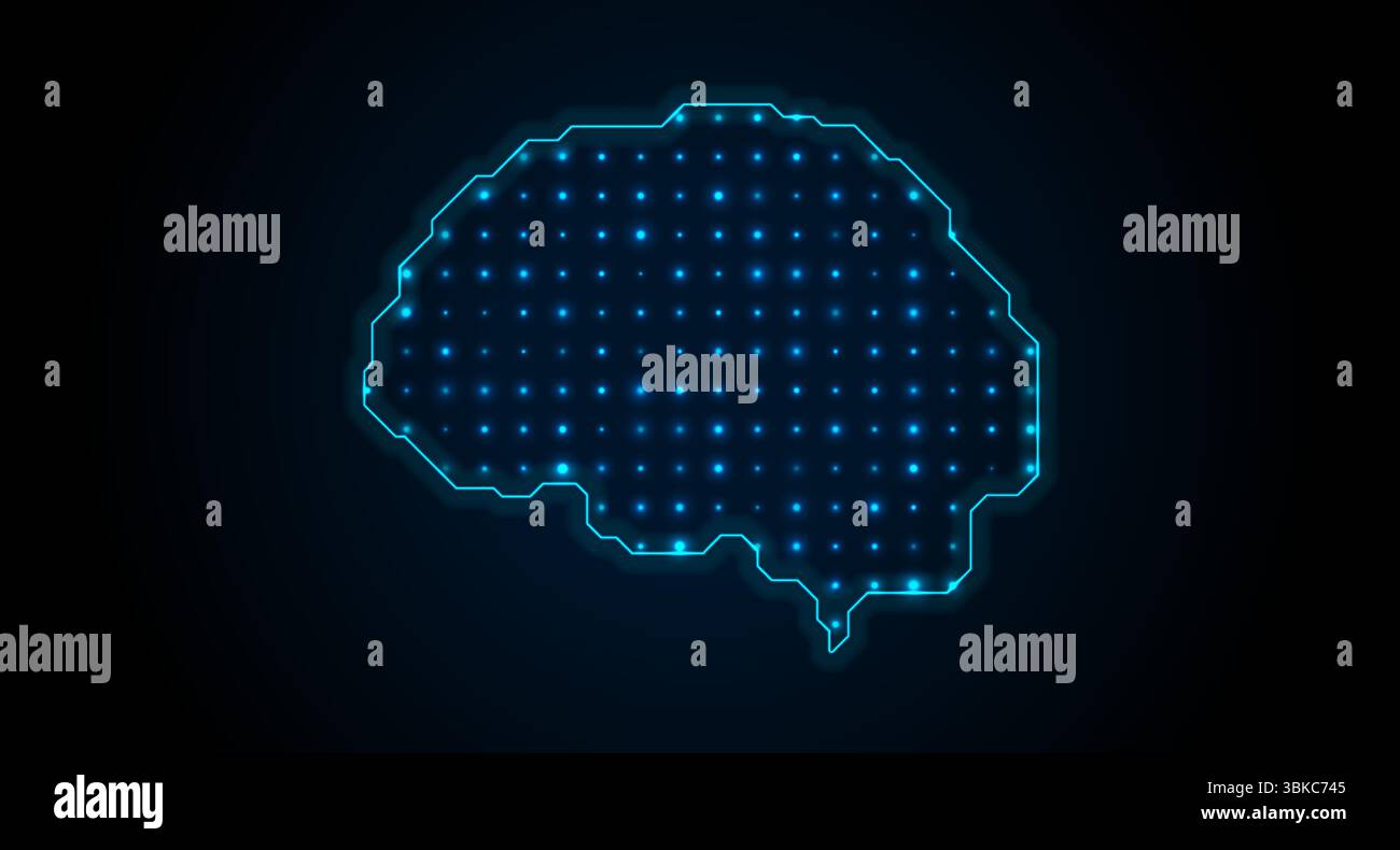 Neon blue outlines of the human brain with glowing dots abstract ...