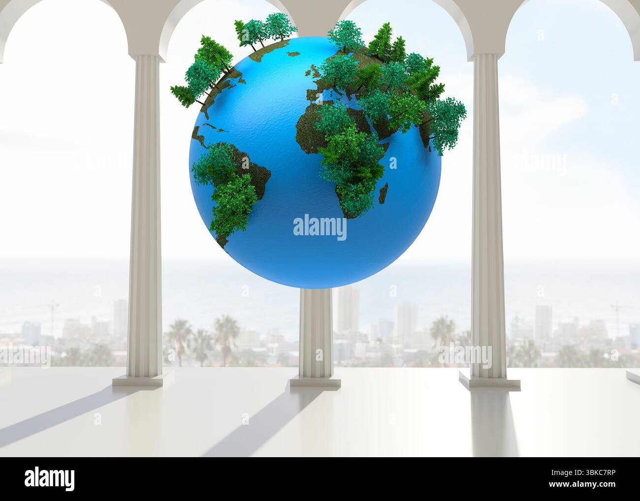 Stylized flat design earth globe with trees is floating inside pavilion with columns and arches Stock Photo